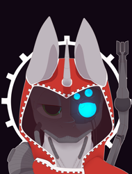 Size: 3200x4200 | Tagged: safe, alternate version, artist:chapaevv, oc, oc only, oc:grey shore, cyborg, pony, unicorn, adeptus mechanicus, augmented, bust, commission, crossover, looking at you, male, portrait, solo, warhammer (game), warhammer 40k