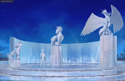 Size: 3838x2500 | Tagged: safe, alternate version, artist:littlepolly, alicorn, earth pony, human, pony, unicorn, fountain, high res, looking down, night, spread wings, statue, water, wings