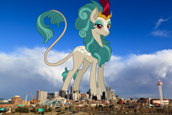 Size: 2100x1400 | Tagged: safe, artist:dragonchaser123, artist:thegiantponyfan, rain shine, kirin, g4, colorado, denver, female, giant kirin, giant rain shine, giantess, highrise ponies, irl, leonine tail, macro, mega giant, photo, ponies in real life, standing, story included, tail