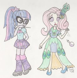 Size: 878x893 | Tagged: safe, artist:bageloftime, fluttershy, sci-twi, twilight sparkle, undead, zombie, equestria girls, g4, clothes, dress, duo, female, gala dress, gown, mind control, potion, prank, swirly eyes, traditional art