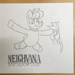 Size: 1048x1048 | Tagged: safe, artist:huodx, oc, oc:apogee, oc:houston, pegasus, pony, rat, album parody, female, nevermind, nirvana, pencil, pencil drawing, traditional art