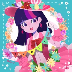 Size: 1274x1274 | Tagged: safe, artist:efuji_d, twilight sparkle, equestria girls, bow, clothes, dress, ear piercing, earring, easter egg, female, flag, flower, hat, jewelry, open mouth, open smile, piercing, smiling, solo