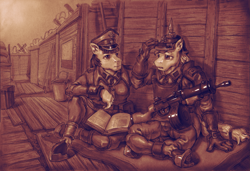 Size: 2123x1456 | Tagged: safe, artist:tass_the_bovine, applejack, twilight sparkle, earth pony, unicorn, anthro, unguligrade anthro, g4, clothes, dieselpunk equestria, female, gun, lesbian, machine gun, monochrome, pickelhaube, sepia, ship:twijack, shipping, traditional art, trench, uniform, weapon