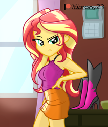 Size: 954x1130 | Tagged: safe, artist:tabrony23, sunset shimmer, equestria girls, g4, annoyed, bare shoulders, bedroom eyes, boots, breasts, busty sunset shimmer, clothes, confused, female, high heel boots, looking at you, patreon, patreon exclusive, patreon logo, sexy, shoes, show accurate, skirt, sleeveless, solo, stupid sexy sunset shimmer, window