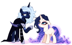 Size: 2088x1315 | Tagged: safe, artist:gihhbloonde, princess luna, oc, oc:gihhbloonde, alicorn, pony, unicorn, g4, alternate design, base used, bracelet, braid, cloak, closed mouth, clothes, colored wings, colored wingtips, duo, ear piercing, earring, ears back, ethereal mane, ethereal tail, eyeshadow, female, folded wings, frown, glowing, glowing mane, glowing tail, gradient mane, gradient tail, hood, hoof shoes, horn, jewelry, long mane, long tail, looking at you, makeup, mare, necklace, peytral, piercing, ponysona, raised hoof, simple background, tail, teal eyes, transparent background, unicorn oc, white-haired luna, wings