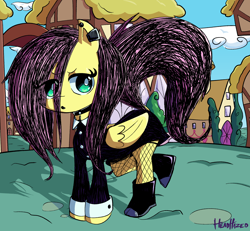 Size: 2162x2000 | Tagged: safe, artist:headhazed, fluttershy, pegasus, pony, g4, anatomically incorrect, cloud, day, dock, ear piercing, eye clipping through hair, eyebrows, eyebrows visible through hair, eyelashes, feathered wings, female, folded wings, goth, high res, hoof shoes, mare, outdoors, piercing, ponyville, pouting, raised tail, sky, solo, tail, wings