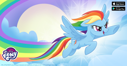 Size: 1200x630 | Tagged: safe, gameloft, rainbow dash, pegasus, pony, g4, official, facebook, flying, my little pony logo, rainbow trail, solo