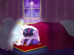 Size: 1280x947 | Tagged: safe, artist:germanloh, princess celestia, twilight sparkle, alicorn, pony, unicorn, g4, eyes closed, female, indoors, lesbian, mare, ship:twilestia, shipping, sleeping, unicorn twilight