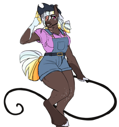 Size: 1472x1572 | Tagged: safe, artist:felinenostalgic, oc, oc only, oc:mesa, earth pony, anthro, unguligrade anthro, clothes, cowboy hat, female, freckles, hat, mare, offspring, overalls, parent:rainbow dash, parent:sheriff silverstar, scar, simple background, solo, straw in mouth, thighs, thunder thighs, transparent background, unshorn fetlocks, whip, wide hips