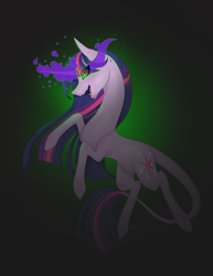 Size: 1748x2260 | Tagged: safe, artist:germanloh, twilight sparkle, pony, unicorn, g4, corrupted, corrupted twilight sparkle, curved horn, female, horn, leonine tail, mare, rearing, smiling, solo, sombra eyes, tail, unicorn twilight
