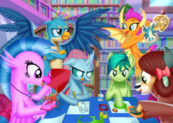 Size: 3500x2500 | Tagged: safe, artist:leonkay, gallus, ocellus, sandbar, silverstream, smolder, yona, changedling, changeling, classical hippogriff, dragon, griffon, hippogriff, pony, yak, bookshelf, crossed arms, dragoness, drawing, female, flying, frown, high res, library, male, open mouth, open smile, paper, school of friendship, scissors, smiling, smirk, spread wings, stallion, student six, tongue out, wings