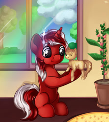 Size: 1280x1439 | Tagged: safe, artist:appleneedle, oc, dog, pony, unicorn, love, nature, rainbow, room, window