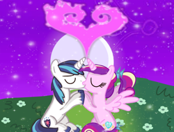 Size: 1280x975 | Tagged: safe, artist:mlplary6, princess cadance, shining armor, alicorn, pony, unicorn, g4, boyfriend and girlfriend, colt, colt shining armor, female, filly, filly cadance, heart, kissing, male, mare, moon, night, stallion, straight, younger