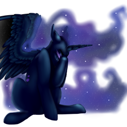 Size: 1000x1000 | Tagged: safe, artist:modharvest, nightmare moon, alicorn, pony, g4, blue eyes, blue mane, crying, ethereal mane, feather, female, flowing mane, flowing tail, horn, mare, sad, simple background, sitting, solo, spread wings, starry mane, tail, transparent background, wings
