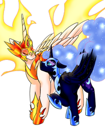 Size: 500x600 | Tagged: safe, artist:modharvest, daybreaker, nightmare moon, alicorn, pony, g4, blue eyes, ethereal mane, female, flowing mane, flowing tail, gem, hoof shoes, horn, jewelry, looking at each other, looking at someone, mane of fire, mare, orange eyes, peytral, raised hoof, royal sisters, siblings, simple background, sisters, starry mane, tail, transparent background, wings