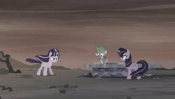 Size: 3410x1920 | Tagged: safe, screencap, spike, starlight glimmer, twilight sparkle, alicorn, dragon, pony, g4, season 5, the cutie re-mark, alternate timeline, ashlands timeline, backpack, barren, cutie map, female, high res, implied genocide, male, mare, post-apocalyptic, s5 starlight, trio, twilight sparkle (alicorn), wasteland