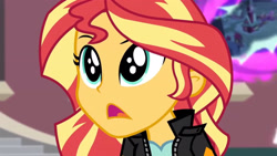 Size: 3410x1920 | Tagged: safe, screencap, sunset shimmer, equestria girls, g4, my little pony equestria girls: friendship games, canterlot high, clothes, female, high res, jacket, leather, leather jacket, open mouth, solo