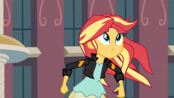 Size: 3410x1920 | Tagged: safe, screencap, sunset shimmer, equestria girls, g4, my little pony equestria girls: friendship games, canterlot high, clothes, female, high res, jacket, leather, leather jacket, magic capture device, solo