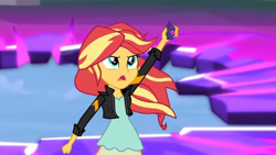 Size: 3410x1920 | Tagged: safe, screencap, sunset shimmer, equestria girls, g4, my little pony equestria girls: friendship games, clothes, female, high res, jacket, leather, leather jacket, magic capture device, open mouth, solo