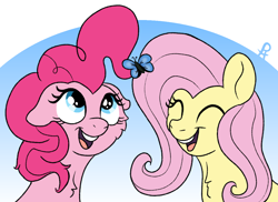 Size: 1162x847 | Tagged: safe, artist:doodledonutart, fluttershy, pinkie pie, butterfly, earth pony, pegasus, pony, g4, duo, floppy ears, gradient background, smiling