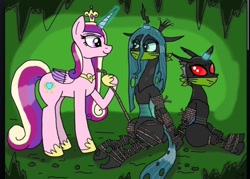 Size: 720x516 | Tagged: safe, artist:tenorjoane, edit, princess cadance, queen chrysalis, alicorn, changeling, pony, g4, angry, bondage, bound and gagged, cave, cloth gag, evil smile, gag, glare, grin, revenge, smiling, smirk, tied up