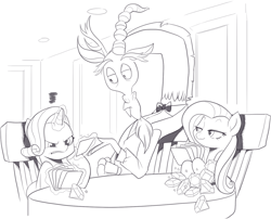 Size: 1470x1187 | Tagged: safe, artist:nauyaco, discord, fluttershy, rarity, pegasus, pony, unicorn, g4, bowtie, card, chair, clothes, crystal, female, frustrated, magic, male, mare, monochrome, smugshy, suit, table