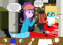 Size: 3500x2500 | Tagged: safe, artist:robukun, suri polomare, oc, oc:rougher, oc:tatiana, equestria girls, g4, bondage, book, bound and gagged, cloth gag, criminal, criminal scum, desk, evil smile, gag, grin, happy, high res, hostage, lidded eyes, looking at each other, money, mug, paper, paperwork, pencil, robbery, sexy, shelf, smiling, smiling at each other, smirk, tied to chair, tied up