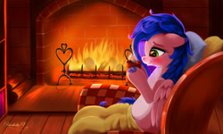 Size: 2000x1200 | Tagged: safe, artist:darksly, oc, oc only, pegasus, pony, belly button, blanket, blushing, chair, cloven hooves, commission, female, fire, fireplace, floppy ears, indoors, lidded eyes, mare, mug, pillow, sitting, smiling, solo, two toned coat