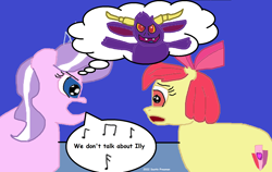 Size: 1700x1072 | Tagged: safe, artist:coltfan97, apple bloom, diamond tiara, oc, oc:il, earth pony, imp, pony, g4, 1000 hours in ms paint, encanto, song parody, we don't talk about bruno