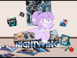 Size: 1060x800 | Tagged: safe, artist:higgly-chan, oc, oc only, oc:mio, earth pony, human, pony, batman, blushing, comic book, dc comics, dick grayson, female, flower, grin, mare, markings, nightwing, pillow, poster, robin (dc comics), rose, simp, smiling, solo