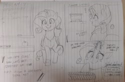 Size: 3488x2304 | Tagged: safe, artist:sirmasterdufel, part of a set, rarity, pony, unicorn, g4, cake, clothes, comic, dialogue, female, food, glowing, glowing horn, high res, horn, lined paper, mare, open mouth, open smile, part of a series, raised hoof, school, shirt, sketch, smiling, teacher, this will end in weight gain, traditional art, weight gain sequence