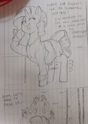 Size: 2304x3227 | Tagged: safe, artist:sirmasterdufel, part of a set, rarity, pony, unicorn, g4, clothes, comic, dialogue, eyes closed, female, high res, lined paper, mare, open mouth, open smile, part of a series, school, shirt, sketch, skirt, smiling, stomach noise, teacher, traditional art, weight gain, weight gain sequence