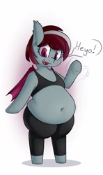 Size: 1920x3240 | Tagged: safe, artist:andesblorps, oc, oc only, bat pony, semi-anthro, arm hooves, belly, belly button, bipedal, commission, dialogue, fat, female, looking at you, mare, open mouth, open smile, smiling, smiling at you, solo, speech bubble, underhoof, waving, ych result