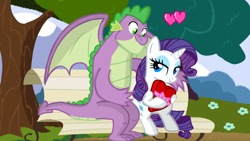 Size: 1280x720 | Tagged: safe, artist:mlplary6, rarity, spike, dragon, pony, unicorn, g4, bench, female, gigachad spike, heart, looking at each other, male, mare, older, older spike, ship:sparity, shipping, smiling, smiling at each other, straight
