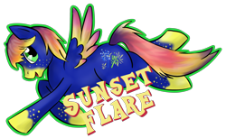 Size: 2830x1732 | Tagged: safe, artist:whipstitch, oc, oc only, oc:sunset flare, pegasus, pony, badge, cmyk, colored wings, flying, looking back, multicolored wings, pegasus oc, simple background, solo, transparent background, wings