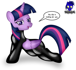 Size: 4154x3840 | Tagged: safe, artist:damlanil, twilight sparkle, alicorn, pony, g4, bodysuit, bottomless, catsuit, cia, clothes, comic, cute, female, horn, latex, latex suit, looking at you, mare, open mouth, partial nudity, rubber, sexy, shiny, simple background, smiling, solo, speech bubble, stretching, suit, talking, talking to viewer, text, transparent background, twilight sparkle (alicorn), vector, wings