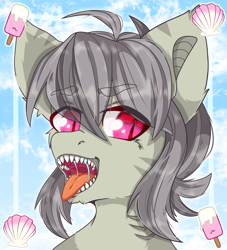 Size: 2000x2200 | Tagged: safe, artist:etoz, oc, oc only, oc:gravel shine, bat pony, hybrid, original species, pony, shark, shark pony, bat pony oc, bust, cloud, commission, cute, drool, eyebrows, eyebrows visible through hair, fangs, food, high res, hybrid oc, ice cream, male, maw, mawshot, open mouth, portrait, shark teeth, shell, stallion, teeth, tongue out