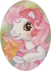 Size: 174x244 | Tagged: safe, artist:lyn fletcher, desert rose, earth pony, pony, g3, official, bandana, blushing, clothes, dress, green eyes, headscarf, holding, oval, pink hair, scarf, simple background, solo, transparent background, white coat