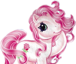 Size: 849x706 | Tagged: safe, desert rose, earth pony, pony, g3, official, cropped, flower, flowing mane, green eyes, hoof on chin, pink hair, pink mane, pose, rose, simple background, solo, transparent background, white coat