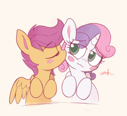 Size: 1486x1358 | Tagged: safe, artist:kqaii, scootaloo, sweetie belle, pegasus, pony, unicorn, g4, :3, blush sticker, blushing, cheek kiss, cute, cutealoo, diasweetes, duo, duo female, eye clipping through hair, eyebrows, eyebrows visible through hair, eyes closed, female, filly, foal, kissing, lesbian, lidded eyes, ship:scootabelle, shipping, smiling, spread wings, unf, wings