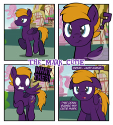 Size: 1920x2136 | Tagged: safe, artist:alexdti, oc, oc only, oc:dark purple, oc:purple creativity, pegasus, pony, comic:the dark purple, 4 panel comic, comic, cutie mark, cutiespark, dialogue, floppy ears, folded wings, gritted teeth, high res, hooves, house, lidded eyes, male, open mouth, outdoors, partially open wings, pegasus oc, question mark, raised eyebrow, raised hoof, raised leg, rule 63, shadow, shrunken pupils, solo, speech bubble, stallion, statue, tail, walking, wavy mouth, wings