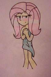 Size: 377x563 | Tagged: safe, artist:imtailsthefoxfan, fluttershy, equestria girls, g4, blushing, embarrassed, embarrassed body exposure, female, naked towel, solo, towel, traditional art