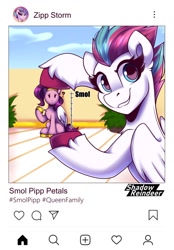 Size: 1200x1720 | Tagged: safe, artist:shadowreindeer, pipp petals, zipp storm, pegasus, pony, g5, cellphone, confused, female, forced perspective, grin, mare, meme, phone, pipp is short, pipp is smol, question mark, royal sisters (g5), siblings, sisters, smiling, smol, unshorn fetlocks