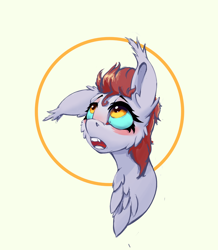 Size: 1868x2145 | Tagged: safe, artist:i love hurt, oc, oc only, oc:naif tail, bat pony, bust, chest fluff, female, looking up, mare, nimbus, one ear down, portrait, red hair, simple background, solo