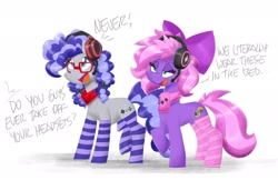 Size: 2200x1426 | Tagged: safe, artist:flutterthrash, oc, oc:cinnabyte, oc:lillybit, clothes, commission, excited, gaming headset, headphones, headset, offscreen character, socks, striped socks