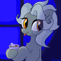 Size: 1200x1200 | Tagged: safe, artist:memengla, oc, oc:silver needles, earth pony, pony, drink, eye clipping through hair, solo, tongue out