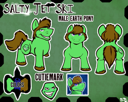 Size: 3545x2836 | Tagged: safe, artist:sjru st, oc, oc only, oc:salty jet ski, earth pony, pony, blue eyes, brown mane, earth pony oc, green background, high res, male, rear view, reference sheet, simple background, smiling, solo, stallion, tail, text