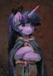 Size: 716x1031 | Tagged: safe, artist:orchidpony, twilight sparkle, pony, unicorn, g4, alternate hairstyle, bust, cape, clothes, holding, painting, ponytail, portrait, pose, solo, sword, unicorn twilight, weapon