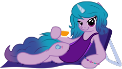 Size: 6302x3604 | Tagged: safe, artist:ejlightning007arts, izzy moonbow, unicorn, semi-anthro, g5, my little pony: a new generation, arm hooves, bedroom eyes, bench, bikini, bracelet, clothes, cup, jewelry, leotard, one-piece swimsuit, pose, sexy, simple background, solo, swimsuit, teacup, transparent background, vector
