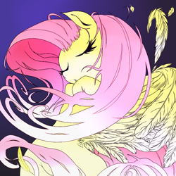 Size: 800x800 | Tagged: safe, artist:zat, fluttershy, pegasus, pony, g4, eyes closed, feather, feathered wings, female, gradient background, mare, solo, wings